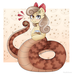 Size: 3030x3062 | Tagged: safe, artist:madelinne, oc, oc only, oc:dandelion "buttercup", lamia, original species, bow, cookie, cookie jar, cute, female, flower, flower in hair, food, glass eye, hair bow, heterochromia, high res, looking at you, passepartout, prehensile tail, solo, tail
