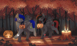 Size: 2160x1289 | Tagged: safe, artist:twinkesss, oc, oc only, oc:mb midnight breeze, oc:se solar eclipse, pegasus, pony, autumn, basket, blushing, bush, candle, candy, couple, fog, food, forest, forest background, grass, halloween, halloween 2023, happy, holiday, in love, jack-o-lantern, looking at each other, looking at someone, love, nature, nightmare night, pegasus oc, pony oc, pumpkin, pumpkin bucket, smiling, smiling at each other, together, together forever, tree, tree stump, trick or treat, trotting, walking, watch, wristwatch
