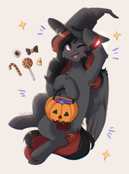 Size: 1461x1976 | Tagged: safe, artist:twinkesss, oc, oc only, oc:se solar eclipse, bat, pegasus, pony, candy, candy cane, eyeball, folded wings, food, halloween, halloween 2023, hat, holding, holiday, looking at you, nightmare night, one eye closed, one eye open, pegasus oc, pony oc, pumpkin bucket, simple background, sitting, smiling, smiling at you, solo, sparkles, watch, white background, wings, witch, witch hat, wristwatch