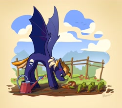 Size: 3837x3395 | Tagged: safe, artist:helmie-art, oc, oc only, oc:midnight rain, bat pony, pony, squirrel, bat pony oc, carrot, farm, female, fence, food, high res, spread wings, watering can, wings