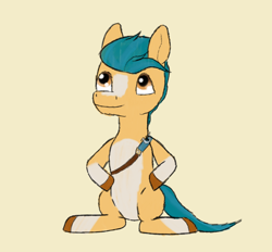 Size: 1890x1757 | Tagged: safe, anonymous artist, hitch trailblazer, earth pony, pony, g5, badge, colored sketch, hooves on hips, male, sash, simple background, sketch, solo, stallion, yellow background