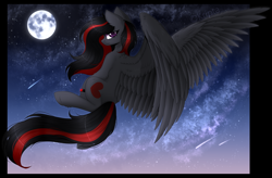 Size: 3250x2133 | Tagged: safe, artist:kripta-00, oc, oc only, oc:se solar eclipse, pegasus, pony, cloud, flowing mane, flowing tail, flying, full moon, high res, moon, night, night sky, pegasus oc, pony oc, shooting star, sky, solo, spread wings, stars, tail, watch, wings, wristwatch