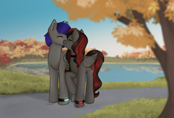 Size: 5500x3734 | Tagged: safe, artist:soup_ch, oc, oc only, oc:mb midnight breeze, oc:se solar eclipse, pegasus, pony, autumn, choker, couple, eyes closed, forest, forest background, happy, kissing, lake, looking at each other, looking at someone, love, nature, path, pathway, pegasus oc, pony oc, raised hoof, sidewalk, smiling, smiling at each other, together, together forever, tree, watch, water, wristwatch