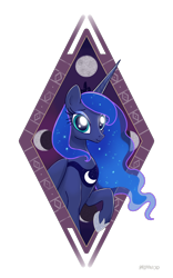 Size: 2048x3275 | Tagged: safe, artist:pfeffaroo, princess luna, alicorn, pony, g4, bust, female, folded wings, high res, hoof shoes, jewelry, looking at you, mare, moon, partial background, peytral, raised hoof, regalia, simple background, solo, three quarter view, transparent background, wings