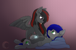 Size: 4616x3043 | Tagged: safe, artist:nekoremilia1, oc, oc only, oc:mb midnight breeze, oc:se solar eclipse, pegasus, pony, :p, chest fluff, couple, female, female on male, gradient background, in love, looking at each other, looking at someone, love, lying down, male, mare, mare on stallion, pegasus oc, pony oc, sitting, sitting on lap, sitting on person, sitting on pony, smiling, spread wings, stallion, straight, together, together forever, tongue out, watch, wings, wristwatch