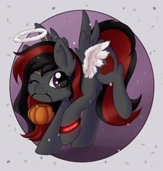 Size: 1306x1369 | Tagged: safe, artist:maravor, oc, oc only, oc:se solar eclipse, angel, pegasus, pony, angelic wings, basket, circle background, clothes, costume, cute, female, halloween, halloween 2023, halloween costume, halo, happy, looking at you, mare, one eye closed, one eye open, pegasus oc, pony oc, profile picture, raised hoof, raised tail, simple background, smiling, smiling at you, solo, sparkles, spread wings, tail, watch, white background, wings, wristwatch