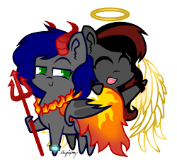 Size: 2360x2159 | Tagged: safe, artist:magpie-pony, oc, oc only, oc:mb midnight breeze, oc:se solar eclipse, angel, demon, pony, angelic wings, bat wings, cape, clothes, costume, couple, duo, duo focus, duo male and female, female, fire, halloween, halloween 2023, halloween costume, halo, happy, high res, holding, holiday, horns, in love, jewelry, love, male, necklace, open mouth, pony oc, raised hoof, simple background, smiling, together, together forever, transparent background, trident, watch, wings, wristwatch