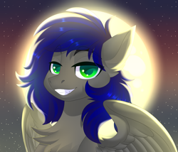 Size: 3500x3000 | Tagged: safe, artist:xvostik, oc, oc only, oc:mb midnight breeze, pegasus, pony, chest fluff, commission, fangs, fluffy, full moon, grin, halloween, halloween 2023, high res, holiday, looking at you, male, moon, night, nightmare night, pegasus oc, pony oc, smiling, smirk, solo, spread wings, stars, wings, ych result