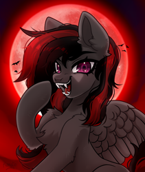 Size: 3800x4500 | Tagged: source needed, safe, artist:konejo, oc, oc only, oc:se solar eclipse, bat, pegasus, pony, blood moon, chest fluff, cute, ear fluff, evil, evil grin, fangs, female, fluffy, full moon, grin, halloween, halloween 2023, holiday, mare, moon, night, nightmare night, open mouth, pegasus oc, pony oc, raised hoof, red background, smiling, solo, spread wings, wings