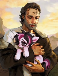 Size: 1580x2048 | Tagged: safe, artist:p0nyplanet, oc, oc only, oc:oopsie doodle, human, pegasus, pony, clothes, crossover, duo, female, holding a pony, jacket, male, mare, meme, rick grimes, the walking dead