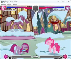 Size: 642x532 | Tagged: artist needed, safe, pinkie pie, fighting is magic, fighting is magic - roots, g4, christmas, game screencap, holiday, pinkamena diane pie, ponyville, snow, statue