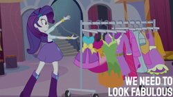 Size: 2000x1125 | Tagged: safe, edit, edited screencap, editor:quoterific, screencap, rarity, human, equestria girls, g4, my little pony equestria girls, boots, clothes, clothes rack, dress, eyeshadow, fabulous, female, grin, makeup, shoes, smiling, solo