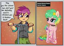 Size: 1847x1334 | Tagged: safe, artist:polnocnykot, scootaloo, human, pegasus, pony, g4, choker, clothes, comic, crossover, dialogue, duo, duo female, female, folded wings, humanized, ponified, ramona flowers, roller skates, rollerblades, scooter, scott pilgrim, scott pilgrim vs the world, simple background, skates, smiling, style emulation, tattoo, text, two toned hair, two toned mane, wings
