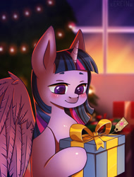 Size: 1522x2000 | Tagged: safe, artist:erein, twilight sparkle, alicorn, pony, g4, blushing, bust, chibi, christmas, christmas lights, christmas presents, christmas tree, commission, cute, ears up, female, garland, holiday, horn, icon, indoors, multicolored hair, portrait, present, room, smiling, solo, string lights, tree, twilight sparkle (alicorn), window, wings, ych example, your character here