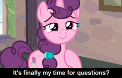 Size: 1920x1239 | Tagged: safe, edit, edited screencap, screencap, sugar belle, pony, unicorn, comic:celestia's servant interview, g4, hard to say anything, bedroom eyes, caption, cs captions, cute, female, image macro, interview, looking at you, mare, raised hoof, smiling, solo, sugarbetes, text