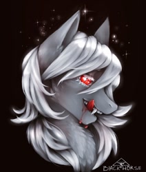 Size: 867x1024 | Tagged: safe, artist:deoloter, oc, pony, fangs, gray coat, licking, licking lips, red eyes, slit pupils, solo, sparkles, tongue out, white mane
