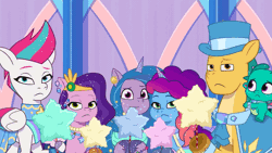 Size: 960x540 | Tagged: safe, screencap, hitch trailblazer, izzy moonbow, misty brightdawn, pipp petals, sparky sparkeroni, zipp storm, dragon, earth pony, pegasus, pony, unicorn, crystal ball (episode), g5, my little pony: tell your tale, spoiler:g5, spoiler:my little pony: tell your tale, spoiler:tyts01e68, animated, clothes, confused, cotton candy, dress, eyebrows, female, frown, gif, hat, head shake, male, mane five, mare, nodding, nope, reaction image, rebirth misty, royal sisters (g5), siblings, sisters, sparkling, stallion, top hat, unamused, youtube link