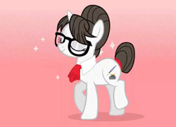 Size: 700x504 | Tagged: safe, artist:mish05k, raven, pony, unicorn, g4, commission, cute, glasses, gradient background, hair bun, headbang, pink background, ravenbetes, secretary, smug, solo, sparkles, trotting, ych result