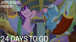 Size: 1920x1080 | Tagged: safe, edit, edited screencap, editor:quoterific, screencap, starlight glimmer, trixie, series:language advent, g4, my little pony best gift ever, drink, drinking, french, hammock, trixie's wagon, wagon