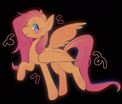 Size: 1751x1500 | Tagged: safe, artist:tealijn, fluttershy, pegasus, pony, g4, black background, blue eyes, female, mare, pink mane, pink tail, raised hoof, simple background, smiling, tail, wings, yellow coat