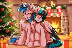 Size: 2500x1650 | Tagged: safe, artist:shadowreindeer, oc, oc only, oc:blaze night, oc:takiska shadow, alicorn, pegasus, pony, bandaid, bandaid on nose, candle, christmas, christmas stocking, christmas tree, commission, fire, fireplace, holiday, present, tree