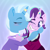 Size: 1000x1000 | Tagged: safe, artist:lindasaurie, derpibooru exclusive, starlight glimmer, trixie, pony, unicorn, g4, the last problem, abstract background, blushing, bowtie, cheek kiss, clothes, duo, duo female, eye clipping through hair, eyebrows, eyebrows visible through hair, female, glowing, gradient background, horn, horn ring, jewelry, kissing, lesbian, lineless, looking at someone, mare, married couple, older, older starlight glimmer, older trixie, one eye closed, ring, ship:startrix, shipping, smiling, touching face, wedding ring