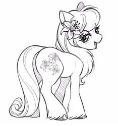 Size: 2926x3122 | Tagged: safe, artist:opalacorn, lily, lily valley, earth pony, pony, g4, background pony, black and white, butt, cute, flower, flower in hair, fluffy mane, grayscale, happy, high res, lilybetes, lilybutt, looking at you, monochrome, sketch, smiling