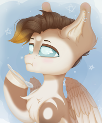 Size: 1607x1934 | Tagged: safe, artist:lony, oc, oc only, oc:dreamyrat, pegasus, pony, blind, blushing, chest fluff, dexterous hooves, ear fluff, ear piercing, pegasus oc, piercing, solo, spoon, wavy mouth