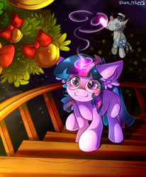 Size: 1700x2064 | Tagged: safe, alternate version, artist:yuris, sci-twi, smarty pants, twilight sparkle, pony, unicorn, g4, bell, blushing, christmas, commission, cute, daaaaaaaaaaaw, ears back, floppy ears, glasses, holiday, house, indoors, looking at you, looking up, looking up at you, magic, room, smiling, solo, staircase, telekinesis, twiabetes, unicorn twilight, walking, ych result