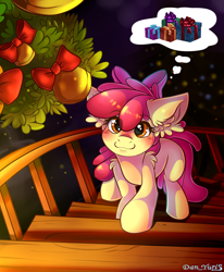 Size: 1700x2064 | Tagged: safe, alternate version, artist:yuris, apple bloom, earth pony, pony, g4, bell, blushing, christmas, commission, cute, ears back, female, holiday, house, indoors, looking at you, looking up, looking up at you, present, room, smiling, solo, staircase, thoughts, ych result