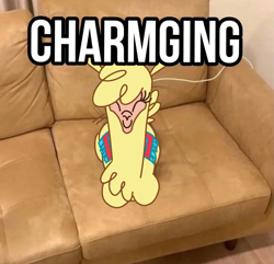 Size: 1283x1236 | Tagged: safe, artist:nonameorous, paprika (tfh), alpaca, them's fightin' herds, charging, community related, couch, cute, eyes closed, meme, paprikadorable, sitting, smiling, solo, tail, tail wag