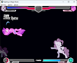 Size: 642x532 | Tagged: safe, lyra heartstrings, pinkie pie, fighting is magic, g4, bipedal, clone, game screencap, scooter (character), screenshots