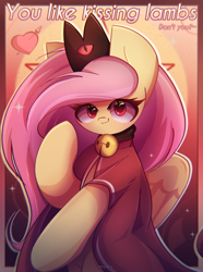 Size: 2050x2750 | Tagged: safe, artist:miryelis, fluttershy, pegasus, pony, g4, bell, big ears, clothes, crossover, crown, cult of the lamb, cute, female, heart, high res, jewelry, long hair, looking at you, mare, red crown, red eyes, regalia, shyabetes, smiling, solo, text