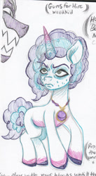 Size: 828x1511 | Tagged: safe, artist:oingh, misty brightdawn, opaline arcana, pony, unicorn, comic:guns for hire, g5, fangs, jewelry, medallion, necklace, offscreen character, partial color, sketch, traditional art