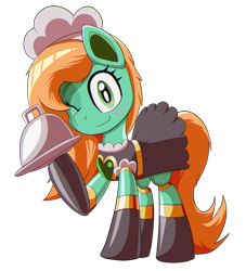Size: 1500x1650 | Tagged: safe, artist:trackheadtherobopony, oc, oc only, oc:goldheart, earth pony, pony, robot, robot pony, 2024 community collab, derpibooru community collaboration, clothes, female, maid, mare, plate, simple background, solo, transparent background