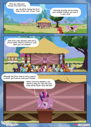 Size: 1800x2520 | Tagged: safe, artist:parrpitched, apple bloom, apple bytes, aquamarine, chipcutter, gallop j. fry, kettle corn, rumble, scootaloo, silver spoon, snips, sweetie belle, tender taps, twilight sparkle, alicorn, earth pony, pegasus, pony, unicorn, comic:the special talent initiative, g4, comic, cutie mark crusaders, train, train station, train tracks, tree, twilight sparkle (alicorn), wings