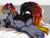 Size: 2475x1902 | Tagged: safe, artist:pridark, oc, oc only, oc:traga, bat pony, pony, amputee, bat pony oc, bed, butt, clothes, dock, fangs, frog (hoof), hoofbutt, hooves, looking at you, lying down, plot, robotic arm, scarf, solo, tail, underhoof