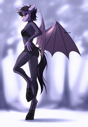 Size: 2611x3760 | Tagged: safe, artist:teturirusu, oc, alicorn, bat pony, bat pony alicorn, anthro, unguligrade anthro, anthro oc, bat wings, black hair, blurry background, breasts, butt, commission, ears back, high res, hoof boots, horn, looking at you, purple skin, red eyes, solo, spread wings, wings