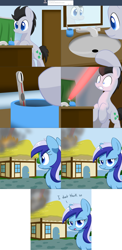 Size: 2562x5248 | Tagged: safe, artist:acersiii, lucky clover, minuette, earth pony, pony, unicorn, g4, ask, bipedal, female, fire, laser, laser toothbrush, male, mare, stallion, tumblr:questioncolgatepony
