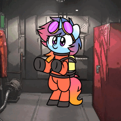 Size: 600x600 | Tagged: safe, artist:sugar morning, oc, oc:sunset skies, pony, unicorn, air tank, animated, bipedal, clothes, cute, gif, goggles, harness, hazmat suit, lethal company, pink eyes, shoes, solo