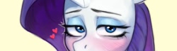 Size: 1020x298 | Tagged: safe, artist:bloodymrr, rarity, pony, unicorn, g4, advertisement, bedroom eyes, big eyes, blue eyes, blushing, cropped porn, embarrassed, eyeshadow, female, heart, looking at you, makeup, paywall content, simple background, solo, yellow background