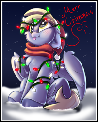 Size: 2100x2600 | Tagged: safe, artist:starcasteclipse, derpy hooves, pegasus, pony, g4, :p, blushing, christmas, christmas lights, clothes, cute, derpabetes, female, hat, high res, holiday, mare, misspelling, santa hat, scarf, sitting, snow, solo, tongue out