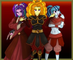 Size: 4096x3379 | Tagged: safe, artist:lennondash, part of a set, adagio dazzle, aria blaze, sonata dusk, human, equestria girls, g4, avatar the last airbender, azula, belly button, blade, breasts, clothes, clothes swap, crossover, female, frame, frown, gradient background, high res, lidded eyes, looking at you, mai, midriff, open mouth, red background, smiling, the dazzlings, trio, ty lee, wristband