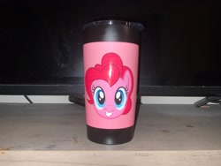Size: 4032x3024 | Tagged: safe, artist:thebronypony123, pinkie pie, earth pony, pony, g4, cup, face, looking at you, merchandise, solo
