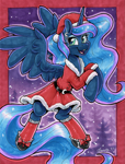 Size: 1791x2360 | Tagged: safe, artist:dandy, princess luna, alicorn, g4, belt, bow, christmas, clothes, commission, copic, cute, ear fluff, ear piercing, earring, eyeshadow, female, hat, holiday, horn, jewelry, looking at you, lunabetes, makeup, open mouth, open smile, piercing, santa hat, skirt, smiling, smiling at you, solo, stockings, thigh highs, traditional art, wings