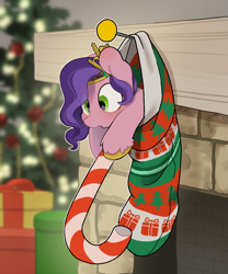 Size: 2243x2701 | Tagged: safe, artist:mochi_nation, pipp petals, pegasus, pony, g5, adorapipp, candy, candy cane, christmas, christmas stocking, commission, commissioner:raritybro, cute, diadem, eye clipping through hair, female, food, high res, holiday, jewelry, mare, marelet, open mouth, pipp is short, pipp is smol, regalia, smol, solo, tiny, tiny ponies, unshorn fetlocks, ych result