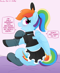 Size: 3008x3630 | Tagged: safe, artist:pabbley, artist:rainbowšpekgs, rainbow dash, pegasus, pony, g4, alternate hairstyle, clothes, cute, dialogue, female, high res, implied anon, looking back, maid, mare, open mouth, ponytail, rainbow dash always dresses in style, sitting, socks, solo, speech bubble, stockings, thigh highs