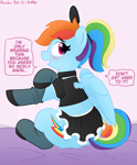 Size: 3008x3630 | Tagged: safe, artist:pabbley, artist:rainbowšpekgs, rainbow dash, pegasus, pony, g4, alternate hairstyle, clothes, cute, dialogue, female, implied anon, looking back, maid, mare, open mouth, ponytail, sitting, socks, solo, speech bubble, stockings, thigh highs