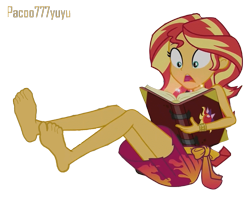 Size: 833x675 | Tagged: safe, artist:paco777yuyu, edit, edited screencap, screencap, sunset shimmer, human, equestria girls, g4, background removed, barefoot, book, clothes, feet, female, simple background, sitting, solo, transparent background