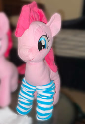 Size: 750x1087 | Tagged: safe, artist:thebronypony123, pinkie pie, earth pony, pony, g4, clothes, female, irl, photo, plushie, socks, solo, striped socks